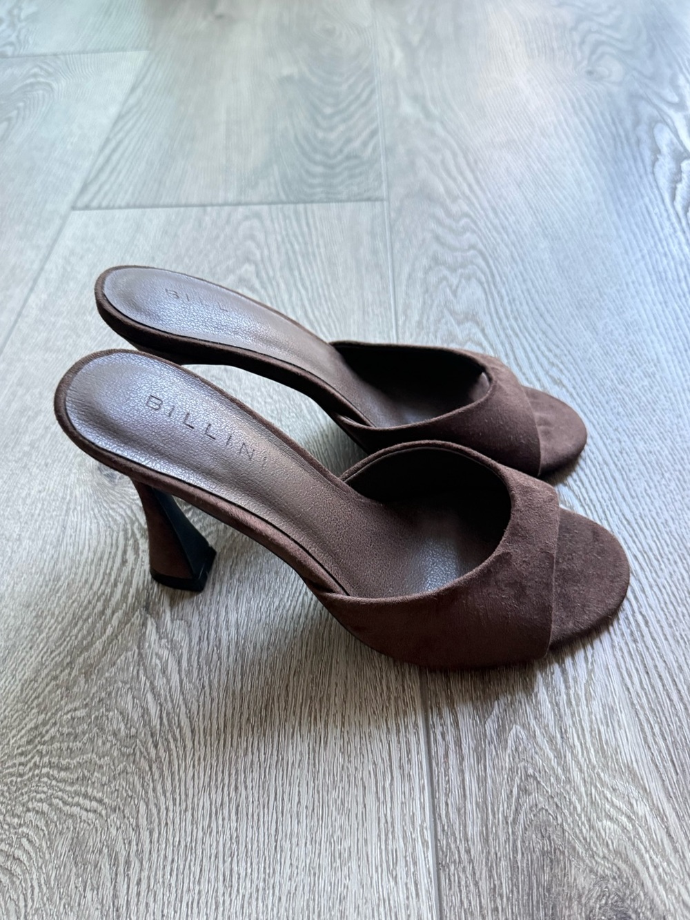 billini lisette brown suede slip on open toe mules high heel shoes size 6 NEW